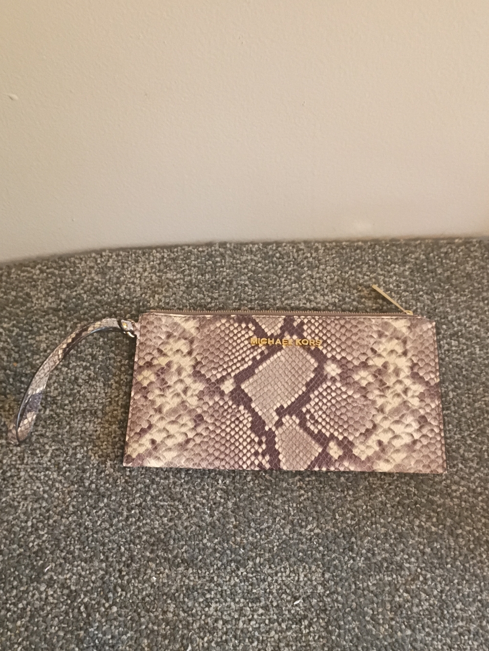 Michael Kors Snake-Print Wristlet in Taupe and Brown with Gold Logo